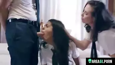 Older lusty sister teaching younger sis suck dick to a her BF, taboo Desi sex